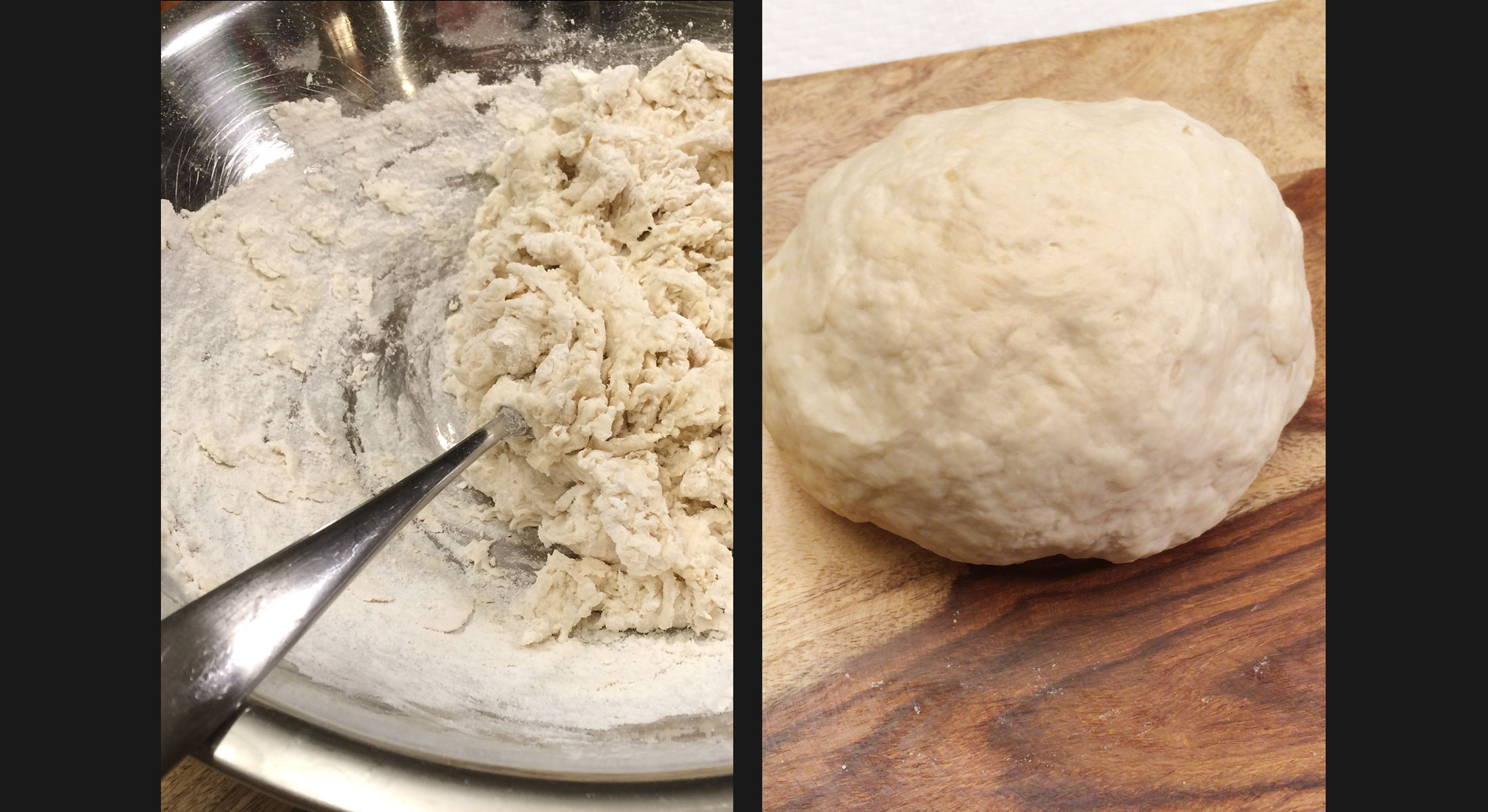 Pizza dough in the mixing bowl vs it fully mixed.
